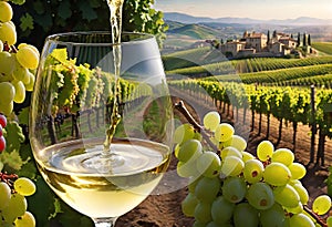 Glass of wine with wine pouring from a bottle and landscape of a vineyard on a sunny day. Winemaking concept, copy space,