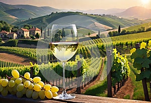 Glass of wine with wine pouring from a bottle and landscape of a vineyard on a sunny day. Winemaking concept, copy space,