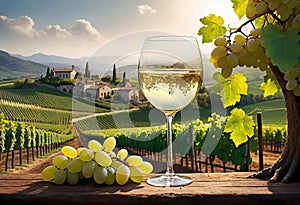 Glass of wine with wine pouring from a bottle and landscape of a vineyard on a sunny day. Winemaking concept, copy space,