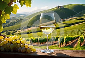 Glass of wine with wine pouring from a bottle and landscape of a vineyard on a sunny day. Winemaking concept, copy space,