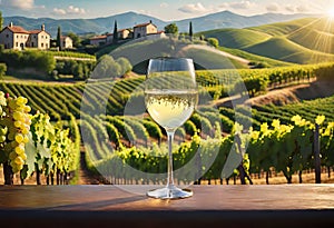 Glass of wine with wine pouring from a bottle and landscape of a vineyard on a sunny day. Winemaking concept, copy space,