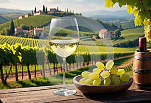 Glass of wine with wine pouring from a bottle and landscape of a vineyard on a sunny day. Winemaking concept, copy space,