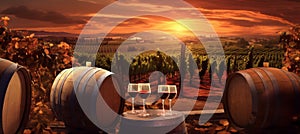 glass wine winery barrel drink sunset grape beverage bottle alcohol. Generative AI.