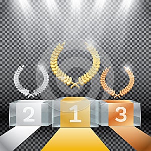 Glass Winner Podium with Spotlights and Laurel Wreath on Transparent Background. photo