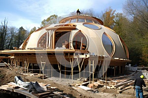 A glass and wood dome house under construction, with scaffolding and workers visible. Generative AI