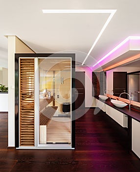 Glass and wood sauna in modern villa