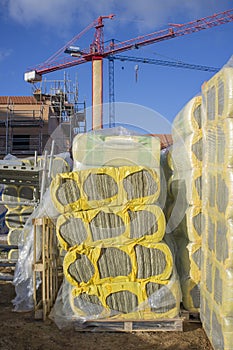 Glass wool packs at construction site