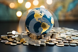 Glass world ball, gold coins, and a bank passbook in a close up global financial concept