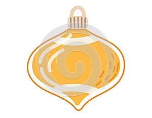Glass yellow cartoon Christmas tree toy. Vector isolated illustration, flat holiday decoration.