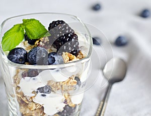 Glass with yogurt, granola and friuts