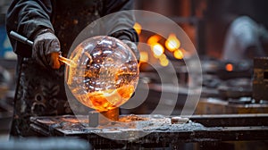 Glassblower makes vase of glass in a manufactory. Crucible furnace. photo