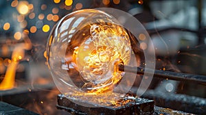 Glassblower makes vase of glass in a manufactory. Crucible furnace. photo