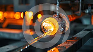 Glassblower makes vase of glass in a manufactory. Crucible furnace. photo