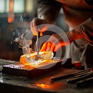 Glassblower shaping molten glass on a marver in a workshop