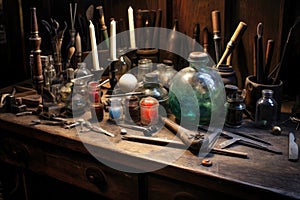 glassblowers tools on a wooden table