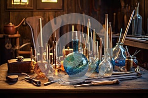 glassblowers tools on a wooden table