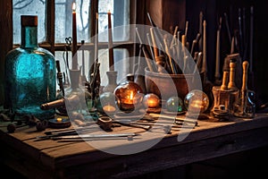 glassblowers tools on a wooden table