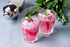 Glasse of Cocktail with Cranberry Vodka Mint Blue Background Cold Summer Beverage Vertical