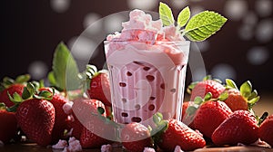 Glasse of Tasty Red Strawberry Milkshake With Strawberries Blurry Background