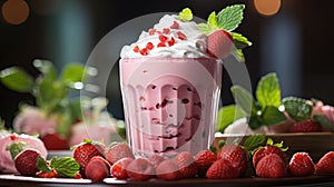 Glasse of Tasty Red Strawberry Milkshake With Strawberries Blurry Background