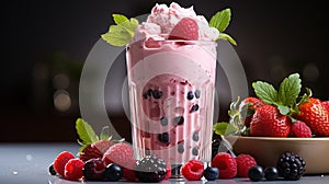 Glasse of Tasty Red Strawberry Milkshake With Strawberries Blurry Background