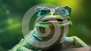 glasses animal close-up iguana lizard scale reptile wildlife green portrait. Generative AI.