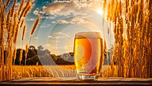 Glasses beer against the backdrop a field of barley mug evening outdoor land nature