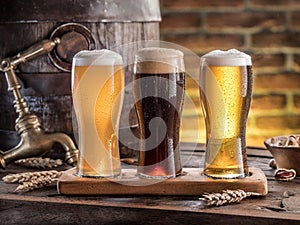 Glasses of beer and ale barrel on the wooden table. Craft brewery