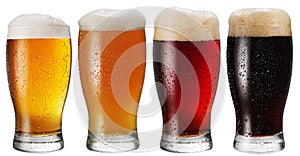 Glasses of beer on white background.