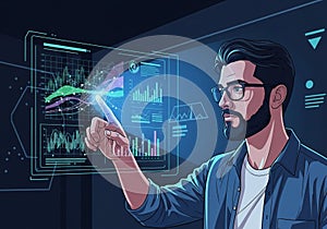 Glasses, a blue shirt, and is touching a holographic display with