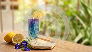 A glasses of Blue and violet color Butterfly pea flower juice drinking, decoreted with yellow lemon sliced and fresh flower