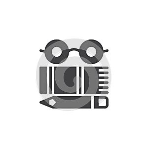 Glasses, book and pencil vector icon