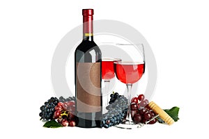 Glasses and bottle of wine, grape and corkscrew isolated on white background