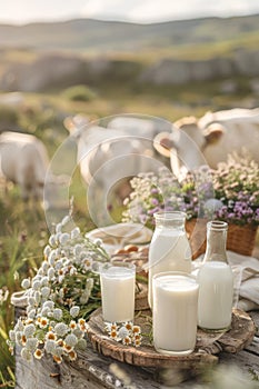 Glasses and bottles filled with fresh milk products, with a grassy landscape