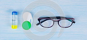 Glasses, case and container for storage of contact lenses, to improve vision