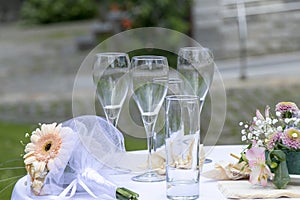 Image of empty glasses of champagnes and water for party