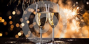 glasses of champagne against the backdrop of festive fireworks and gold sparkles. festive background for Christmas, New Year