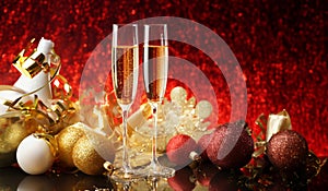 Glasses with champagne on the background of christmas decorations.