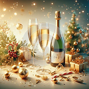 Glasses of champagne, bottle and christmas decorations on light background