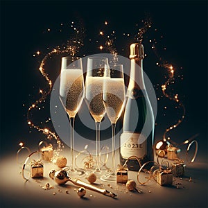 Glasses of champagne and bottle with golden confetti on dark background