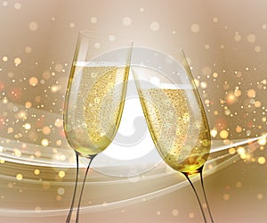 Glasses of champagne on bright background with bokeh effect. Vector illustration
