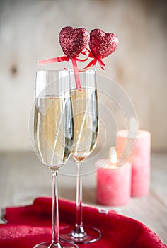 Glasses of champagne in candlelit on St Valentine's day