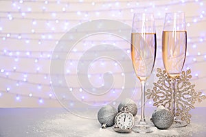 Glasses of champagne, Christmas decor