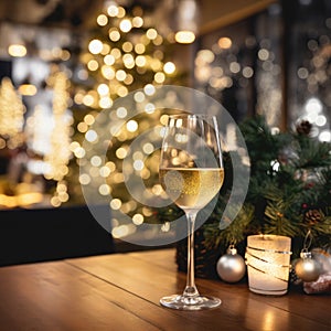 Glasses of champagne and Christmas decor on table against blurred background