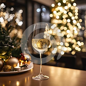 Glasses of champagne and Christmas decor on table against blurred background