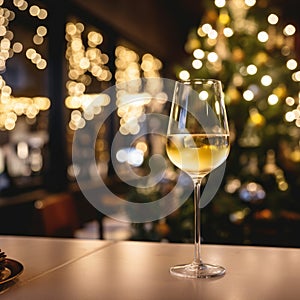 Glasses of champagne and Christmas decor on table against blurred background