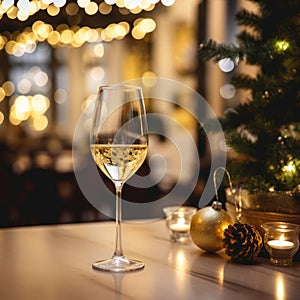 Glasses of champagne and Christmas decor on table against blurred background