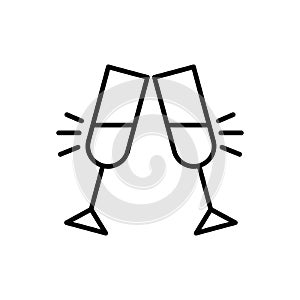 Glasses of champagne clinking icon vector, flat outline pictogram isolated on white. Pair of champagne glass cheers