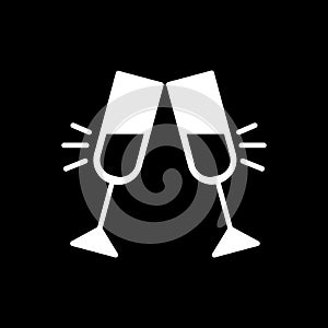 Glasses of champagne clinking icon vector, flat solid pictogram isolated on black. Pair of champagne glass cheers drink
