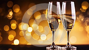 Glasses of champagne on a festive background, party or holiday concept. New Year or Christmas sparkling background. Gold